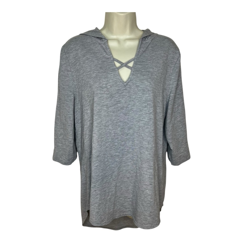 Nanette Lepore Gray Soft T-Shirt Hoodie Casual Top Curved Hem Cut Out Neckline
